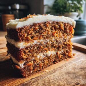 A close-up of a moist slice of carrot cake layered with rich cream cheese frosting, topped with grated carrots.