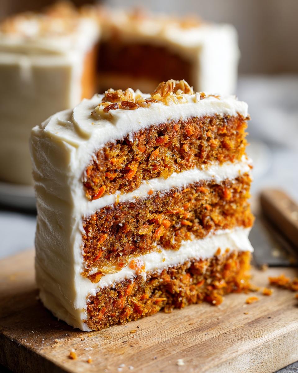 A moist slice of carrot cake with thick layers of cream cheese frosting, topped with walnuts.