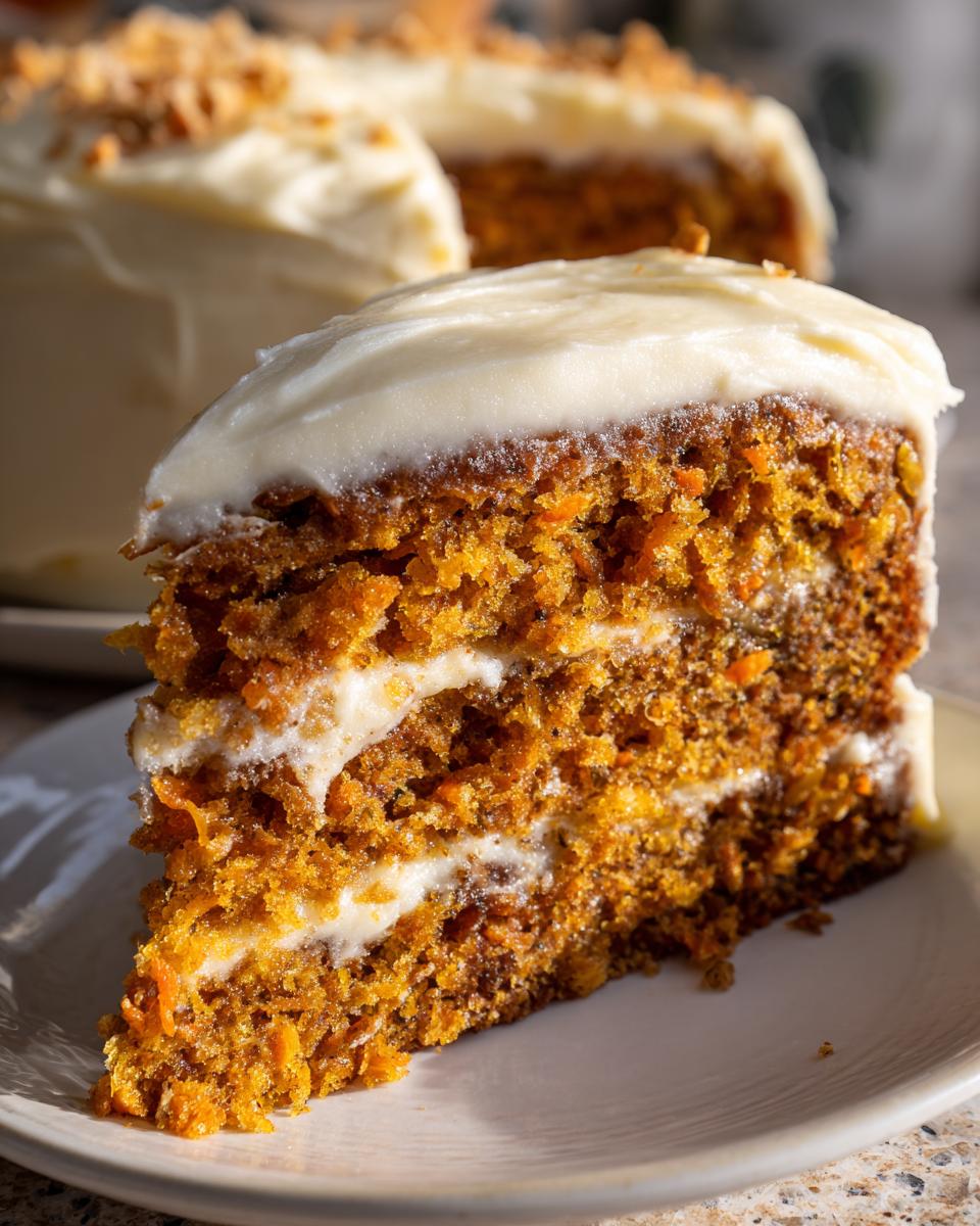 A moist slice of carrot cake generously layered with cream cheese frosting.