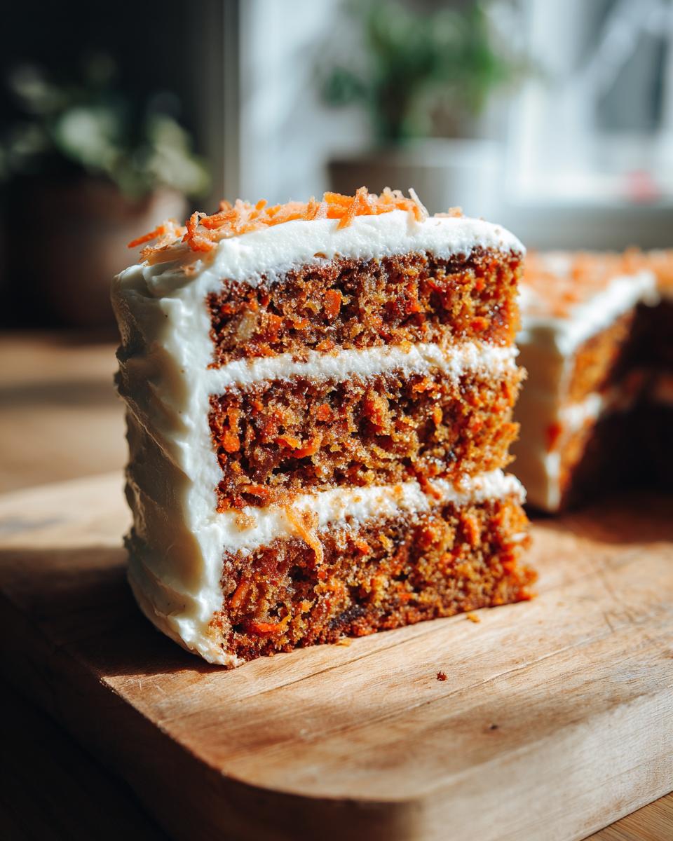 A slice of moist carrot cake with rich cream cheese frosting, topped with shredded carrots.