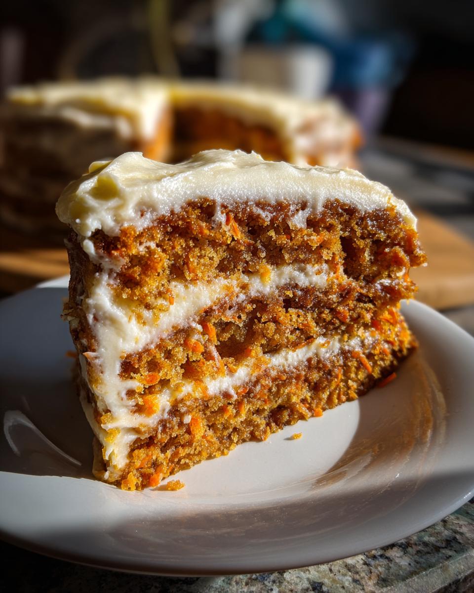 A moist slice of carrot cake layered with rich cream cheese frosting, showcasing visible shredded carrots.