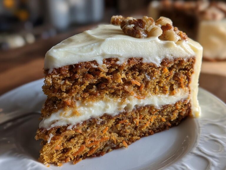 A moist slice of carrot cake with generous layers of cream cheese frosting and topped with walnuts.
