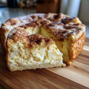 A slice of creamy cheesecake crescent roll casserole dusted with powdered sugar and cinnamon.