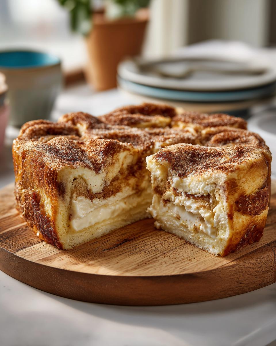 A slice of cheesecake crescent roll casserole with layers of creamy filling and cinnamon swirl.