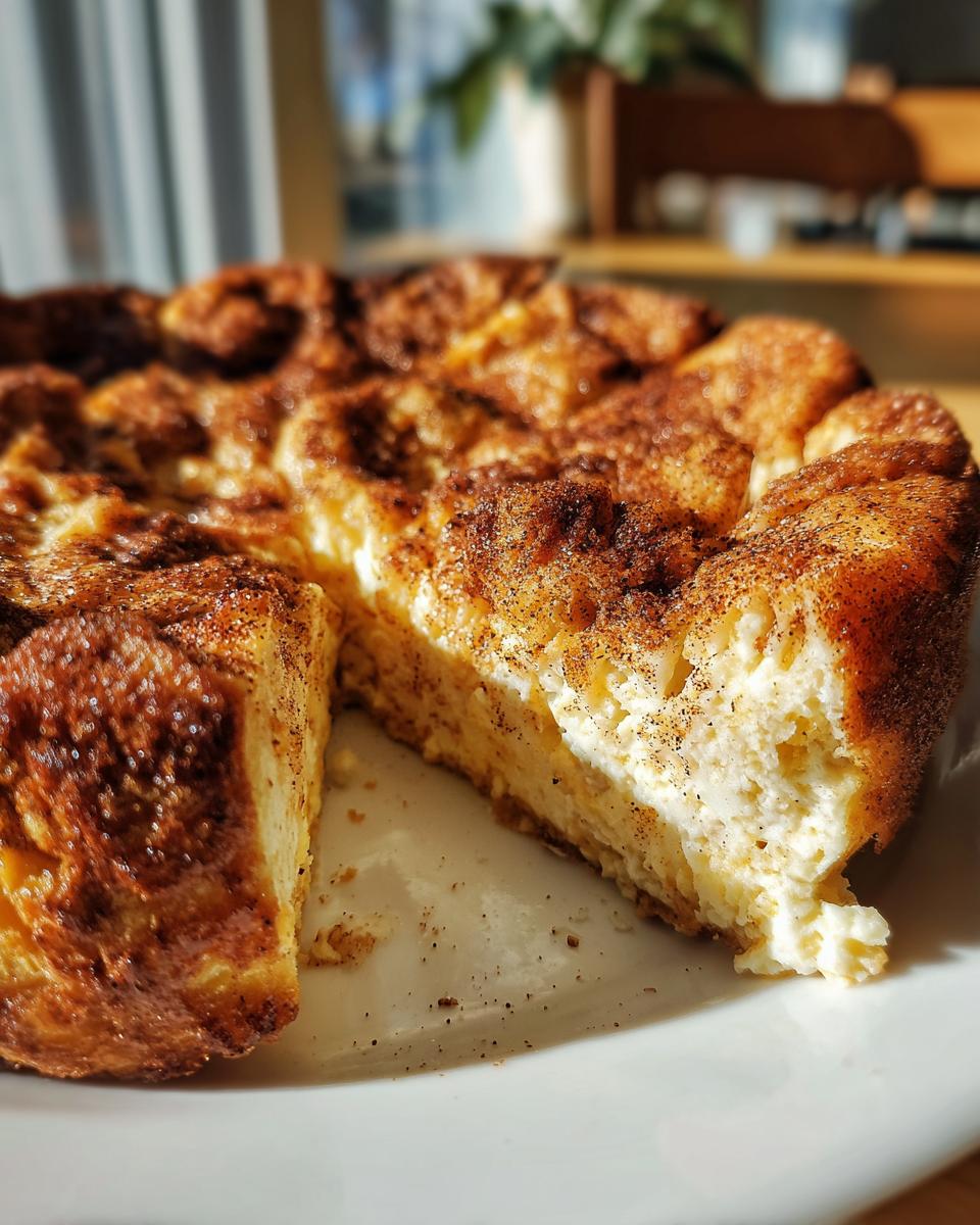 A slice of creamy cheesecake crescent roll casserole dusted with cinnamon sugar.