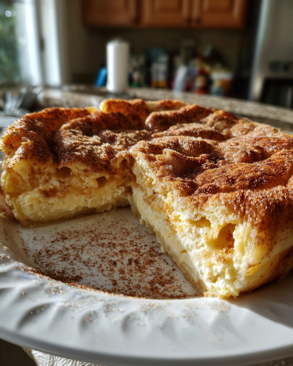 A slice of creamy cheesecake crescent roll casserole dusted with cinnamon on a white plate.