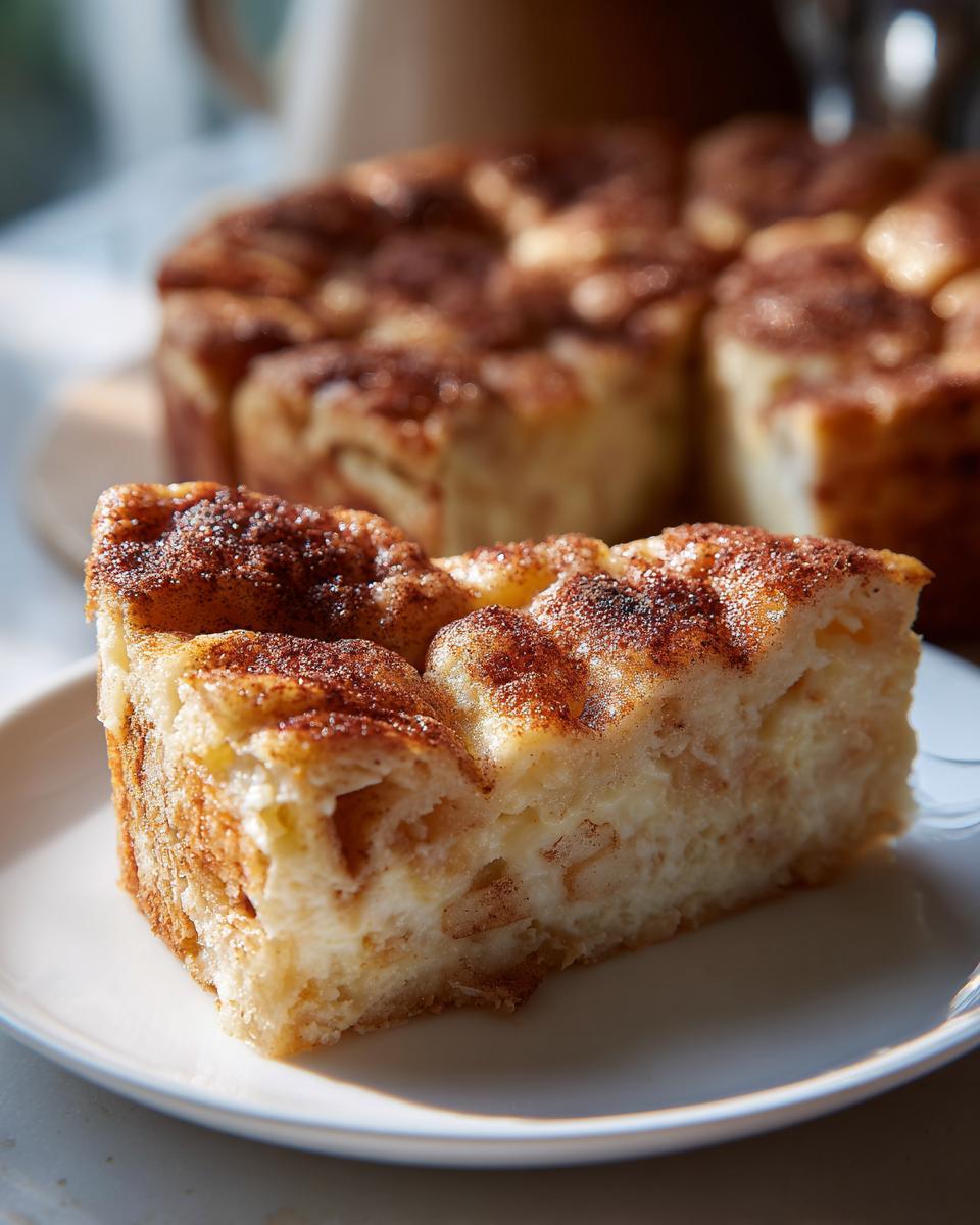 A close-up shot of a slice of cheesecake crescent roll casserole on a white plate, dusted with cinnamon.