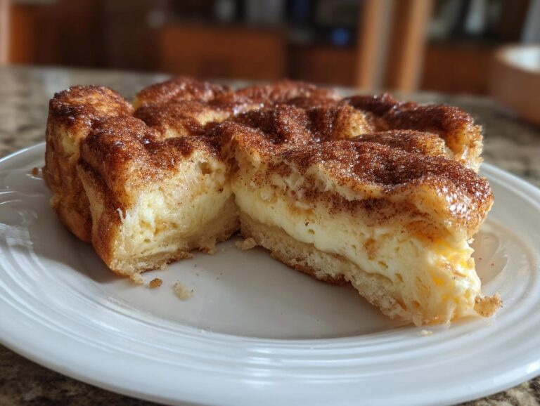 A close-up of a slice of cheesecake crescent roll casserole on a white plate, showing the creamy filling and cinnamon-sugar topping.
