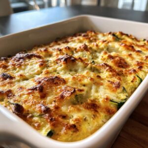 Close-up of a golden-brown, bubbly Cheesy Zucchini Bake fresh from the oven in a white baking dish.