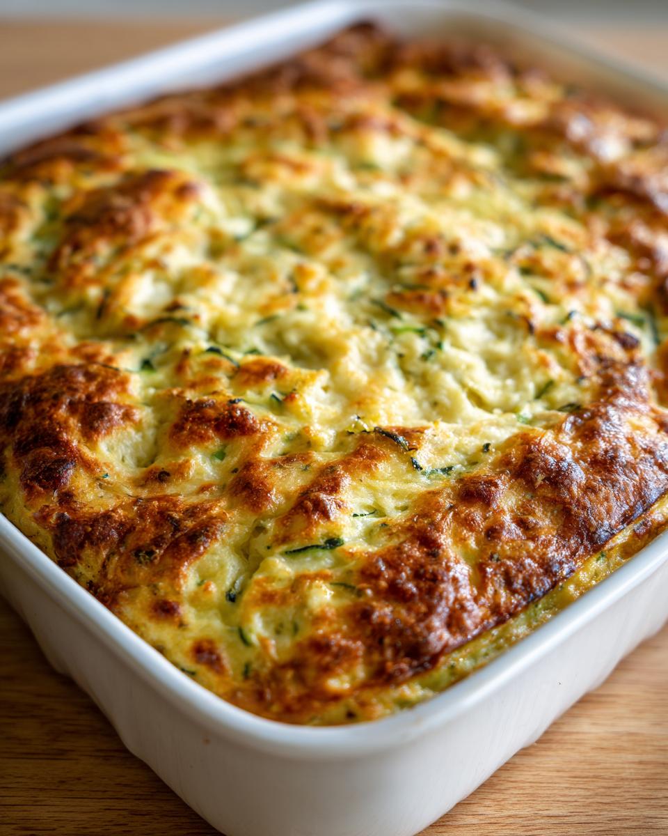 Close-up of a golden-brown, bubbly cheesy zucchini bake in a white baking dish, fresh from the oven.