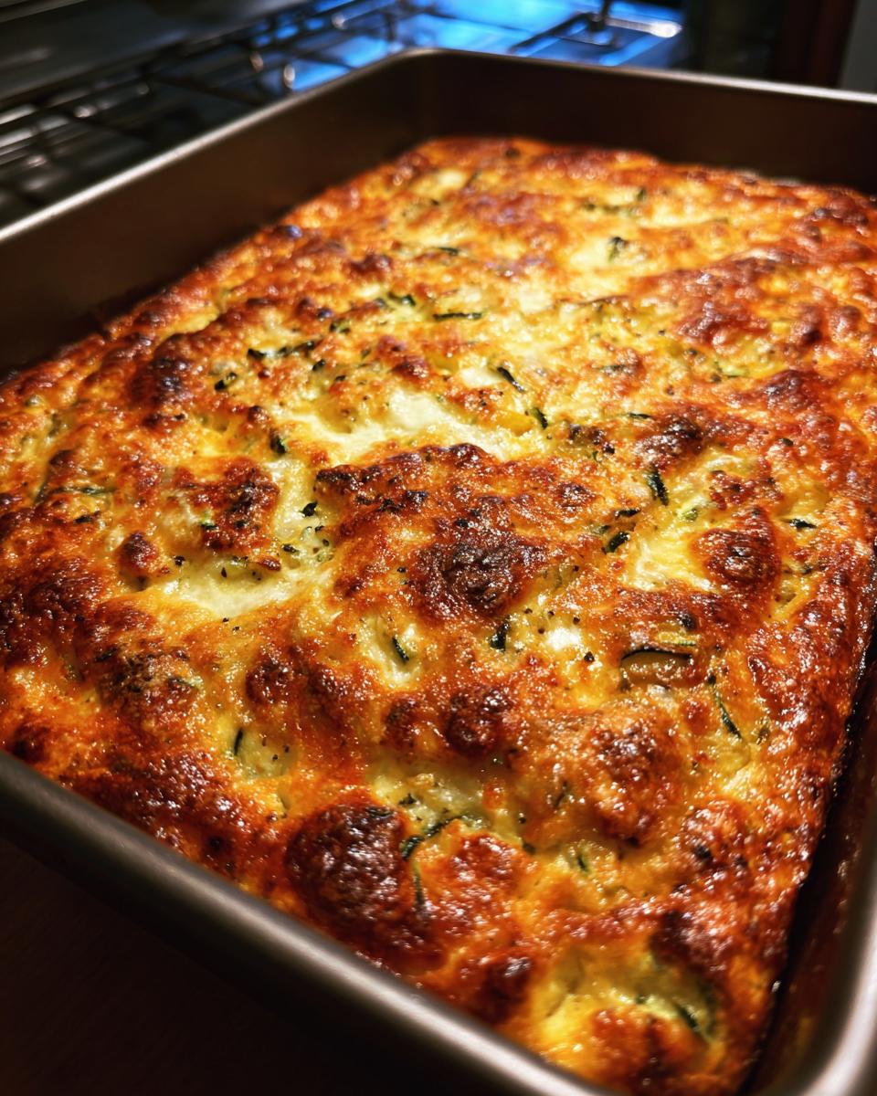 Close-up of a golden-brown, bubbly Cheesy Zucchini Bake fresh from the oven in a baking dish.