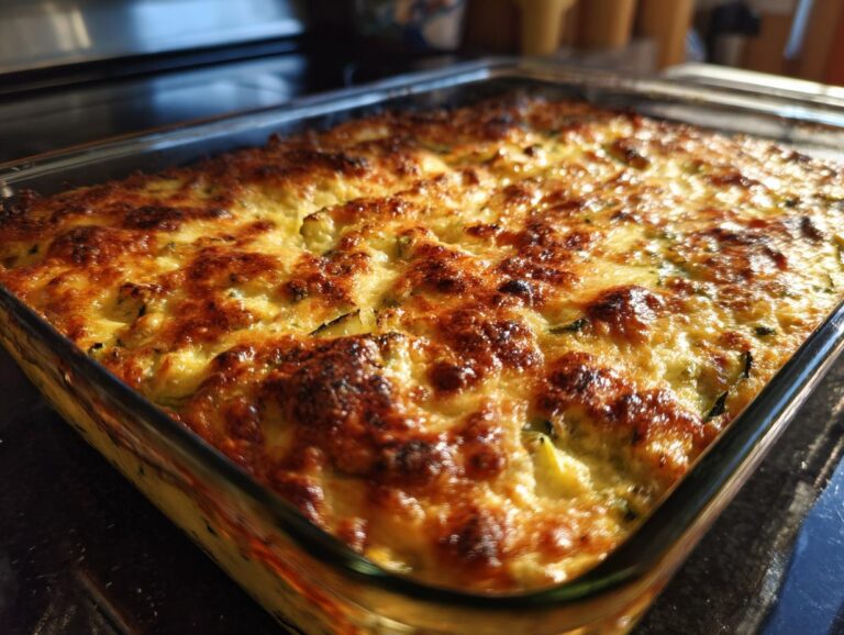 Close-up of a golden-brown, bubbly cheesy zucchini bake in a glass baking dish.