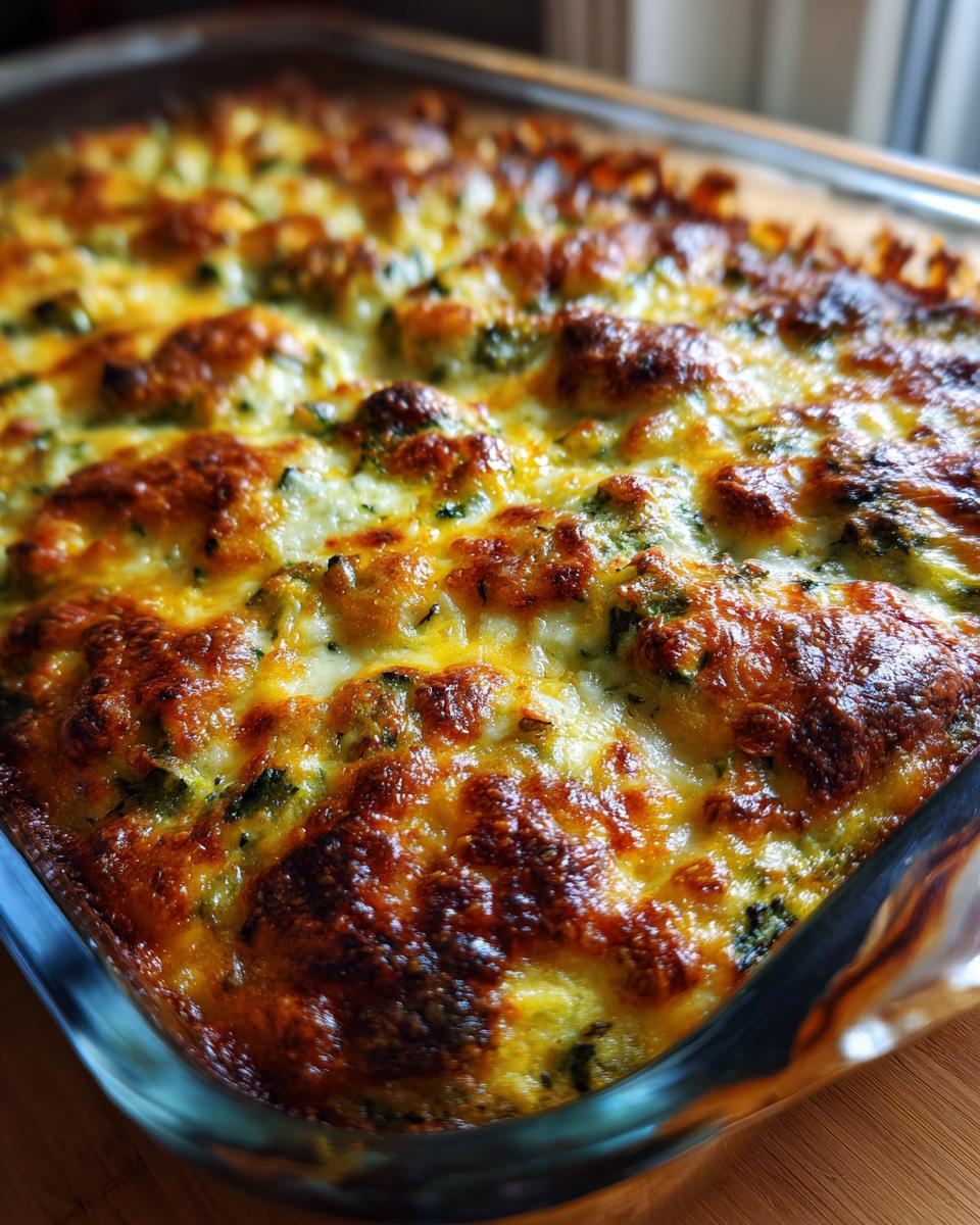 Close-up of a bubbly, golden brown Cheesy Zucchini Bake fresh from the oven in a glass dish.