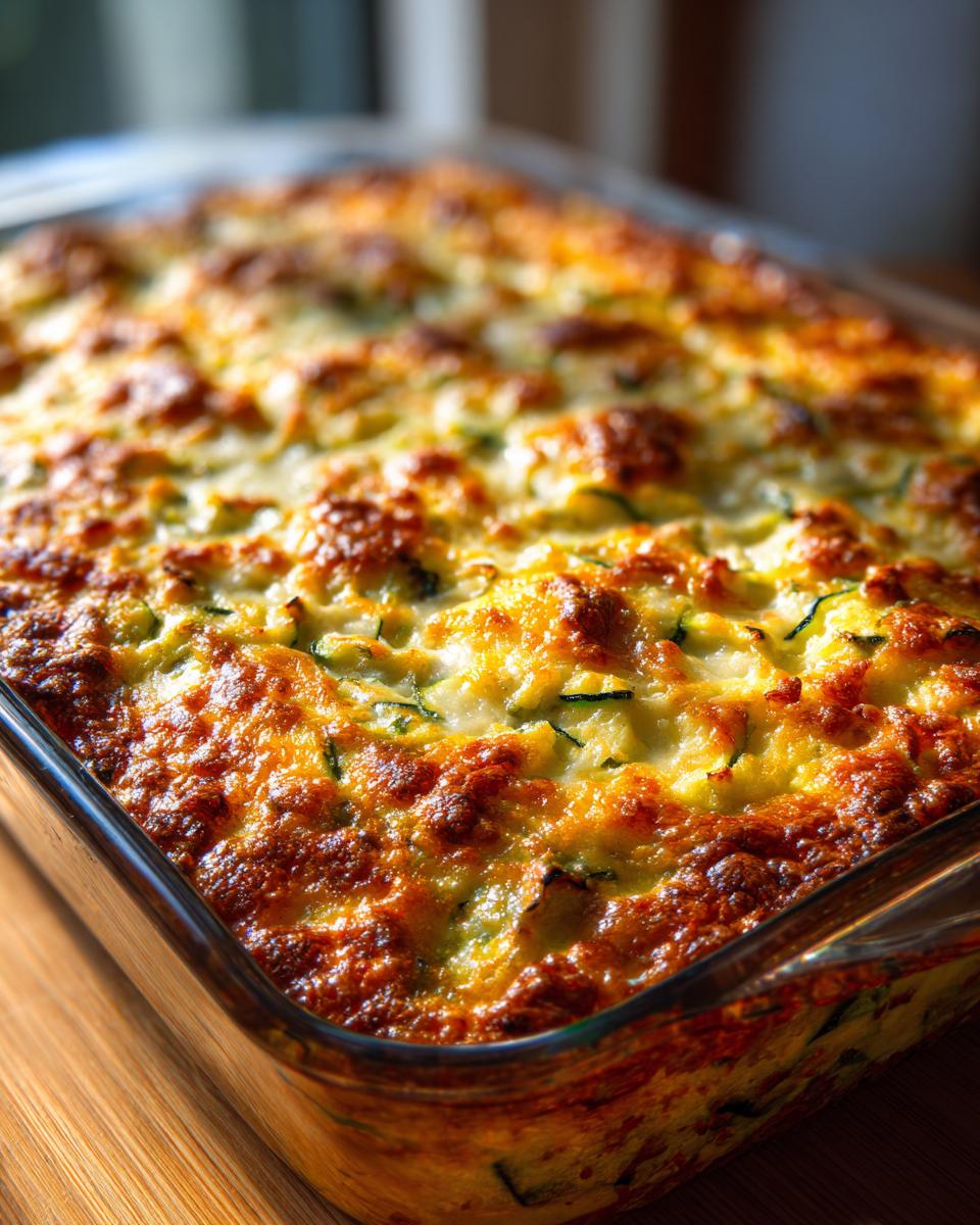 Close-up of a golden brown, bubbly Cheesy Zucchini Bake in a glass baking dish.
