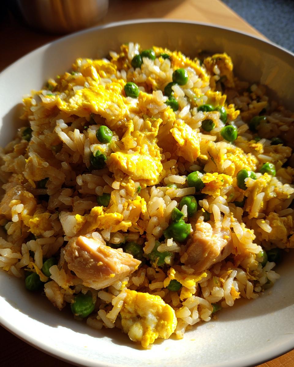 Close-up of a bowl of chicken fried rice, featuring rice, scrambled egg, chicken pieces, and green peas.
