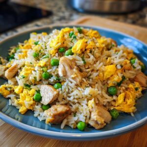 A close-up of a plate of chicken fried rice, featuring tender chicken pieces, scrambled egg, and bright green peas.