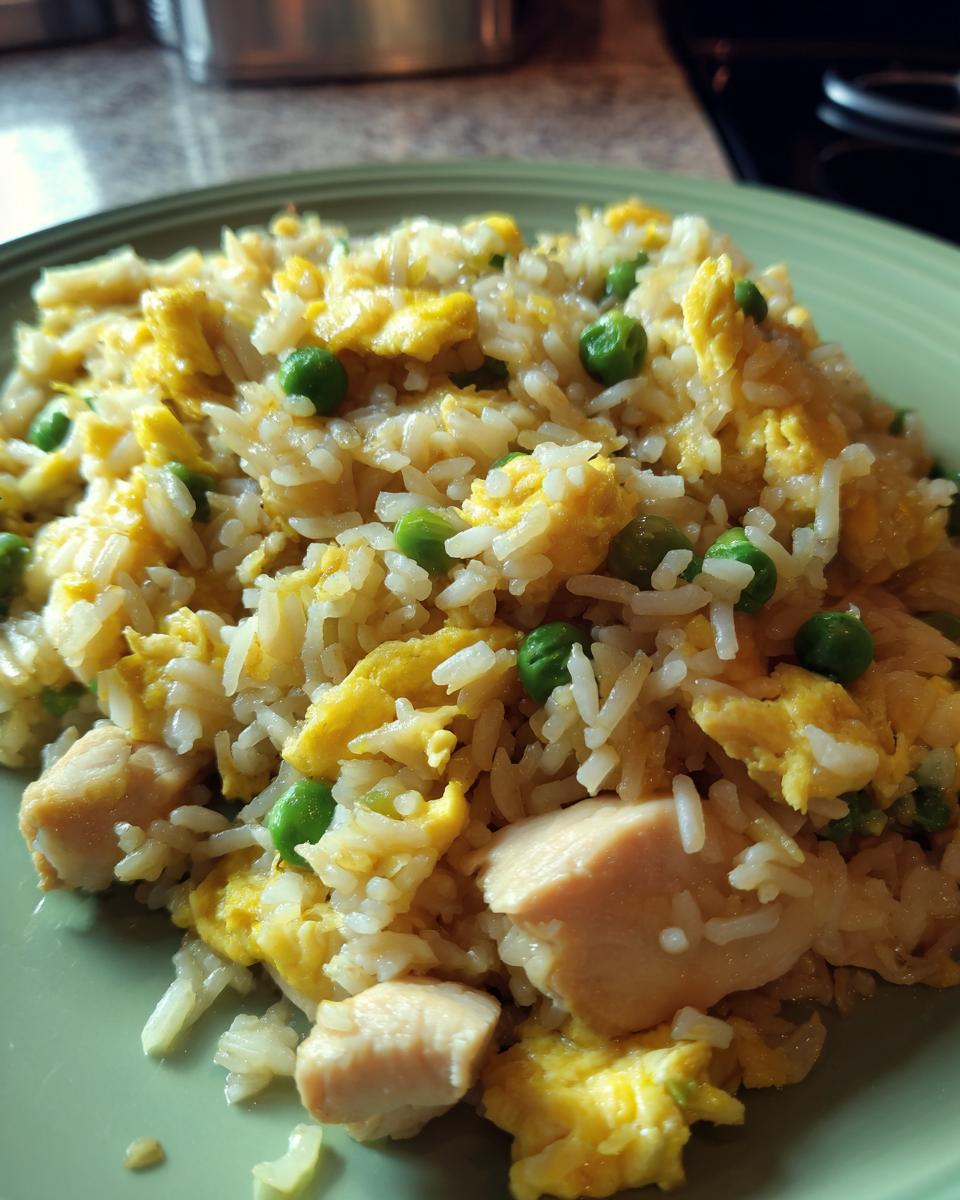 A close-up of a plate of chicken fried rice, featuring tender chicken pieces, scrambled egg, and bright green peas mixed with fluffy white rice.