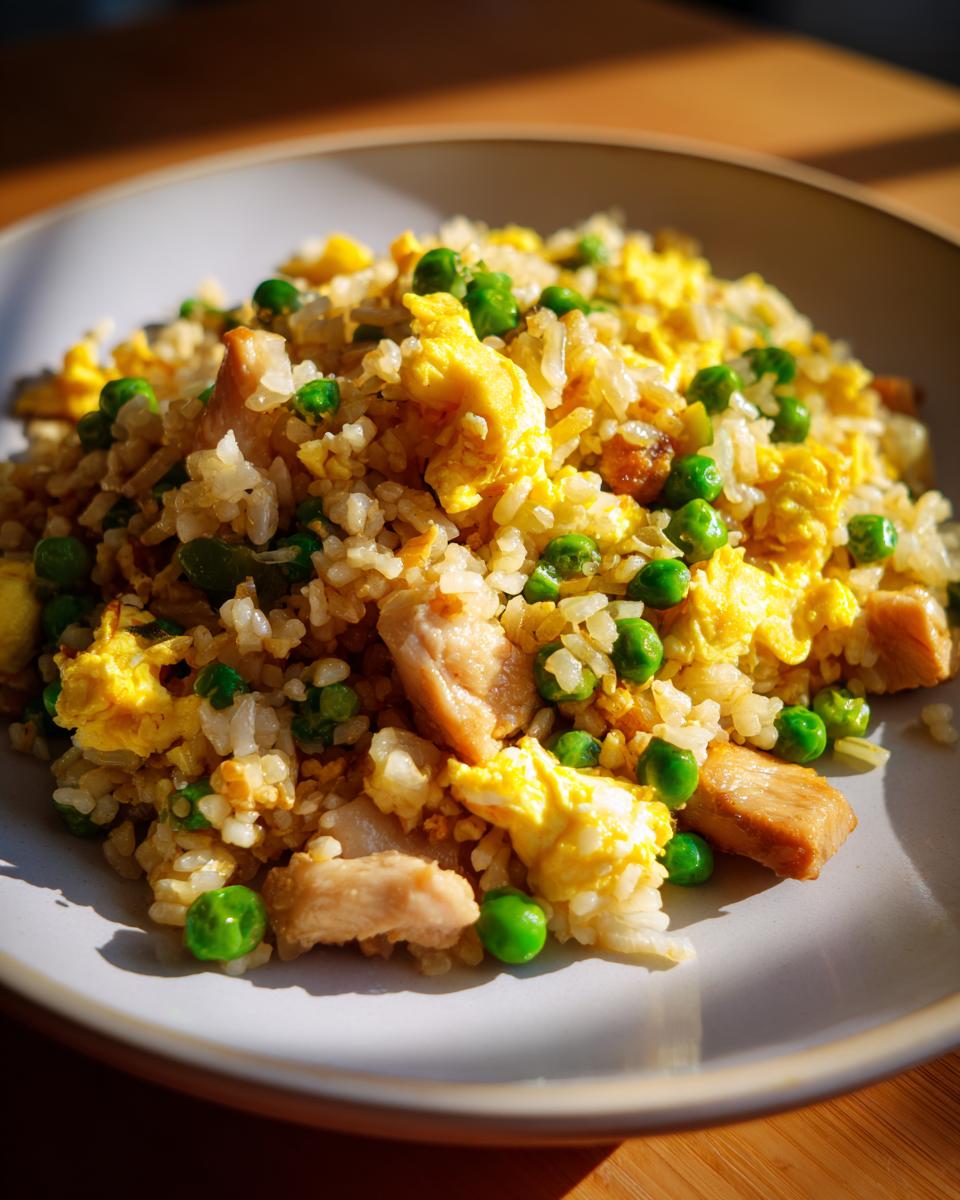 A close-up of a plate of chicken fried rice, featuring tender chicken pieces, bright green peas, and scrambled egg.