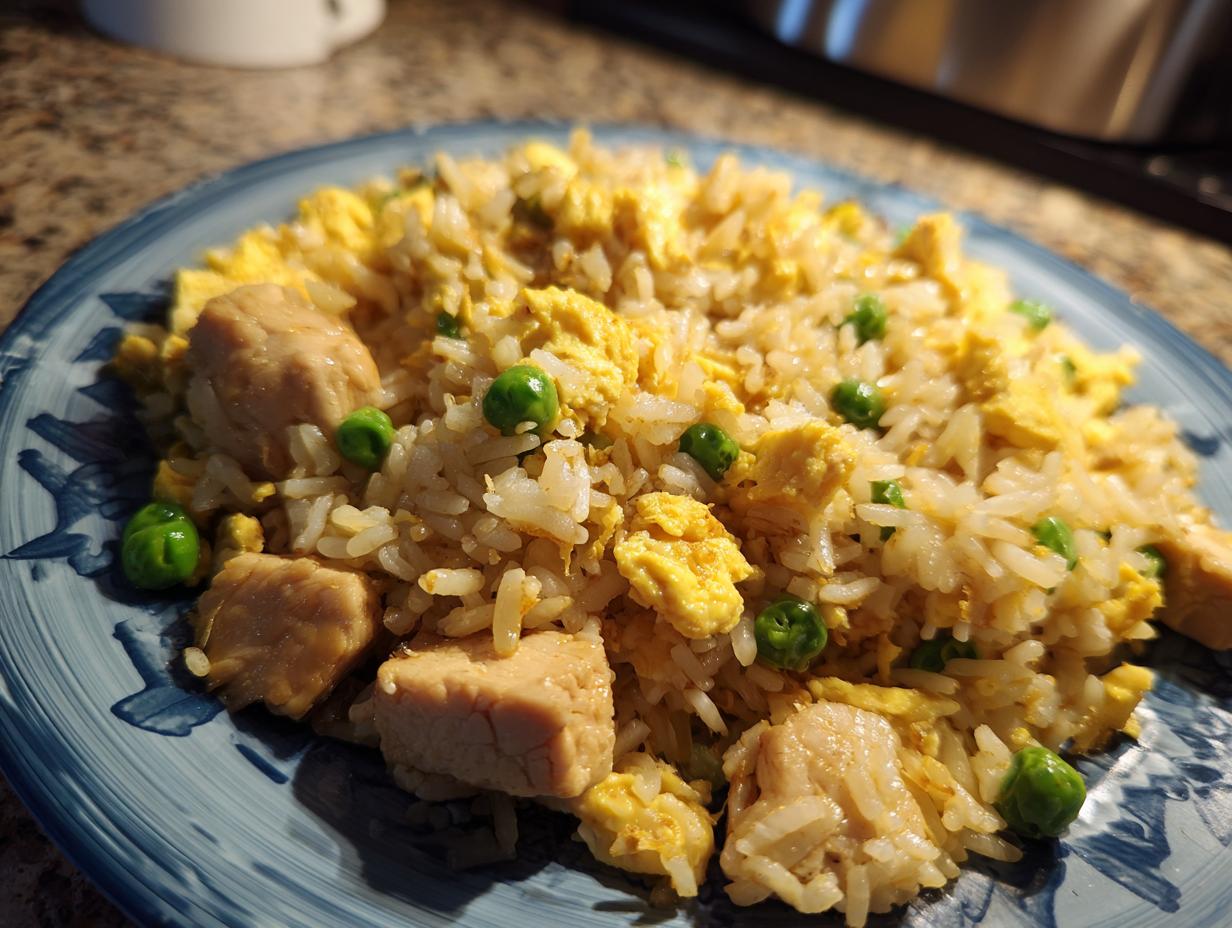 A close-up of a plate of homemade chicken fried rice, featuring tender chicken pieces, fluffy rice, scrambled egg, and bright green peas.
