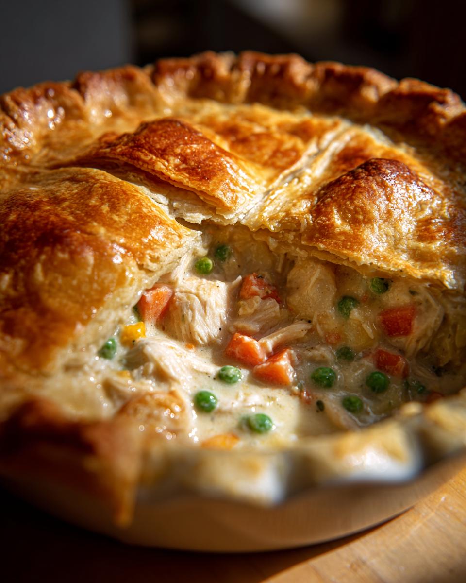 Close-up of a golden-brown chicken pot pie recipe with a flaky crust, revealing a creamy filling with chicken, peas, and carrots.