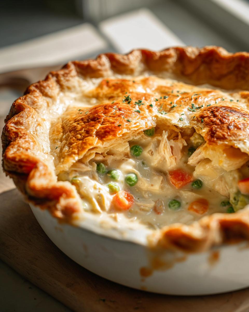 Close-up of a bubbling chicken pot pie recipe with flaky golden crust, filled with chicken, peas, and carrots.
