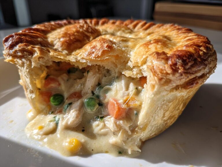 Close-up of a golden-brown chicken pot pie with flaky crust, revealing creamy filling with chicken, peas, carrots, and corn.