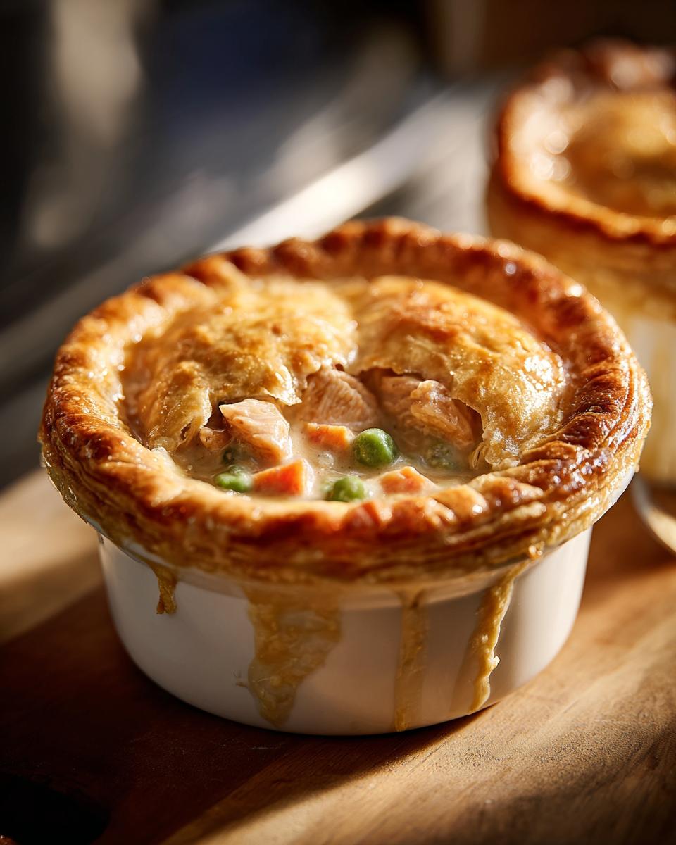 Close-up of a golden-brown chicken pot pie in a white ramekin, with visible chicken, peas, and carrots.