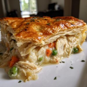 A close-up of a flaky crust chicken pot pie recipe slice, filled with chicken, peas, and carrots in a creamy sauce.