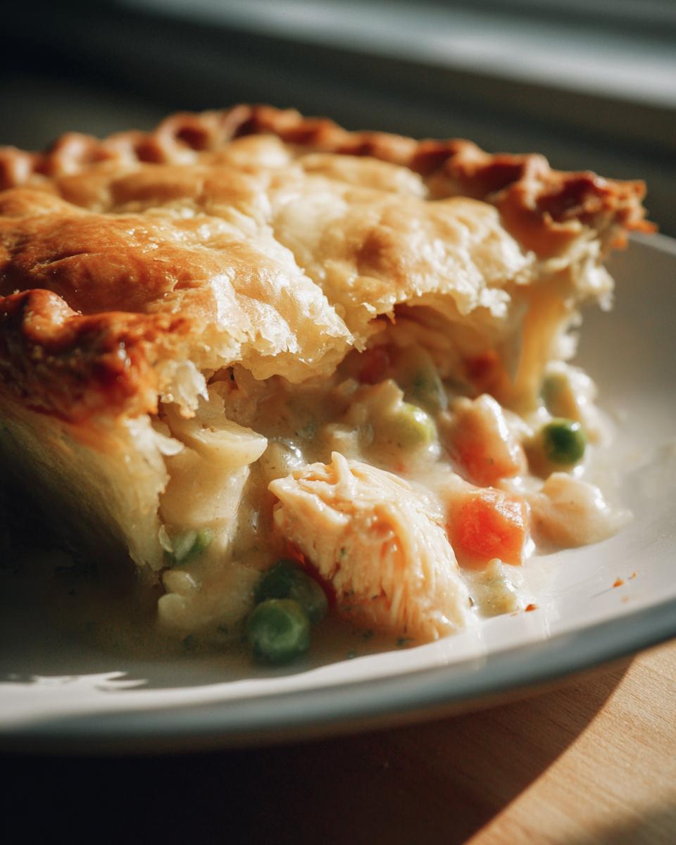 A close-up of a flaky golden chicken pot pie slice, revealing tender chicken, peas, and carrots in a creamy sauce.