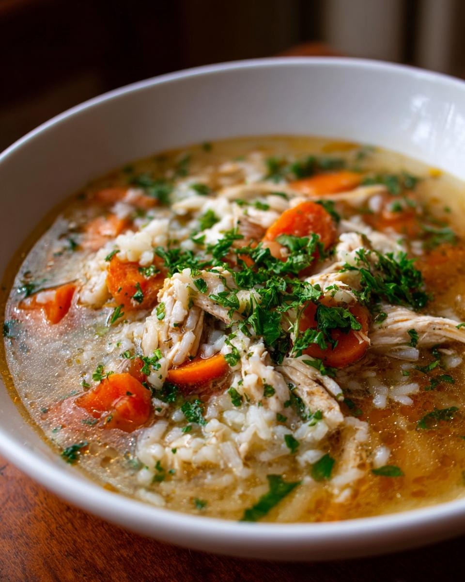 A close-up bowl of comforting chicken rice soup, filled with shredded chicken, white rice, sliced carrots, and fresh parsley.