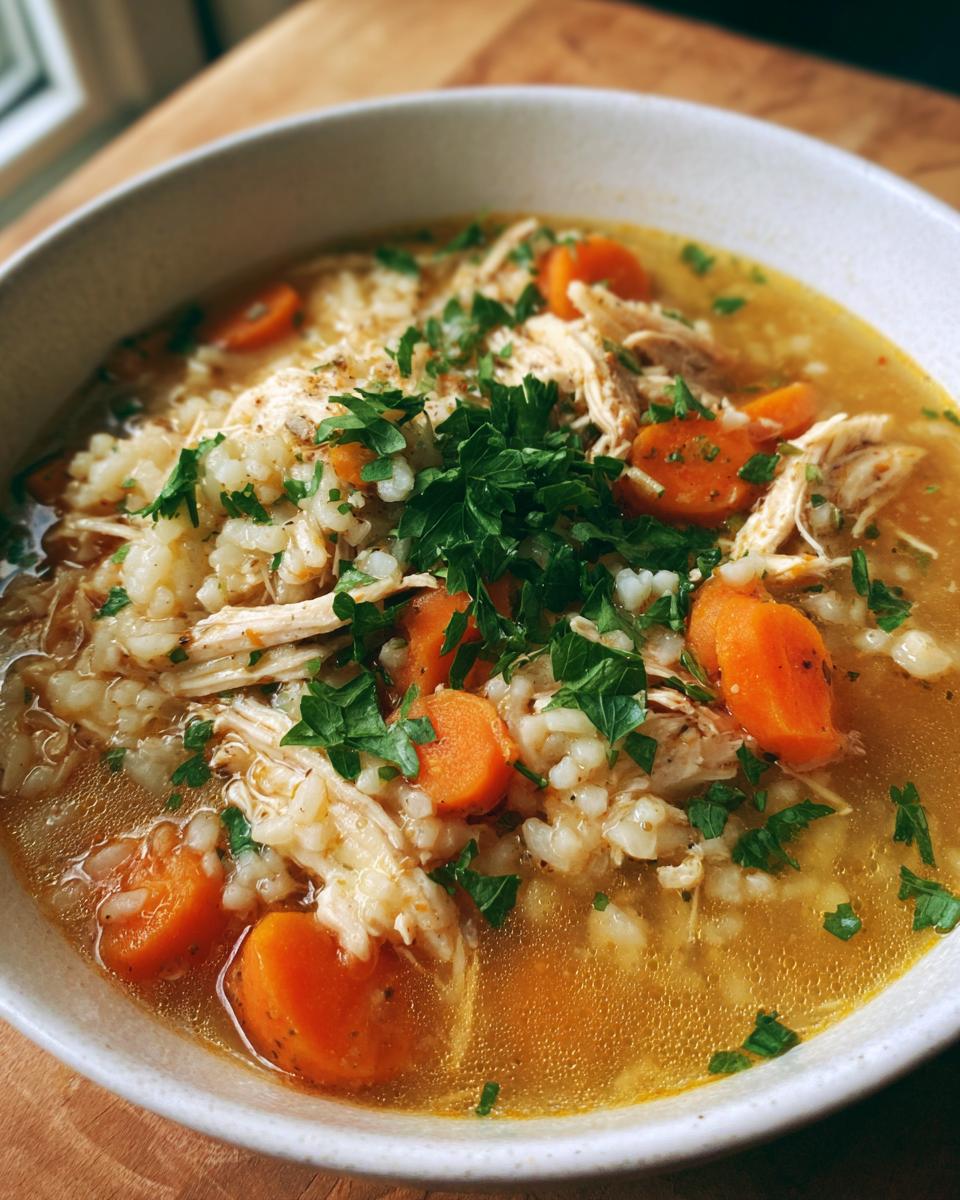 A close-up of a comforting bowl of chicken rice soup, featuring shredded chicken, rice, sliced carrots, and fresh parsley.