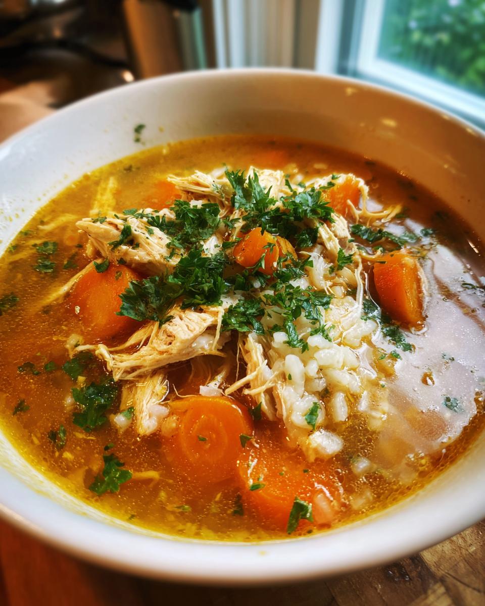 A close-up of a steaming bowl of chicken rice soup, filled with shredded chicken, rice, and sliced carrots, garnished with fresh parsley.