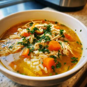 A close-up of a bowl of comforting chicken rice soup, filled with shredded chicken, rice, carrots, and fresh parsley.