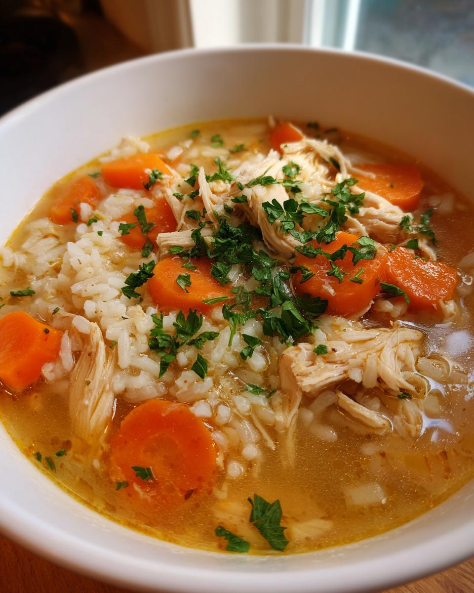A close-up of a bowl of chicken rice soup, featuring shredded chicken, rice, and sliced carrots, garnished with fresh parsley.