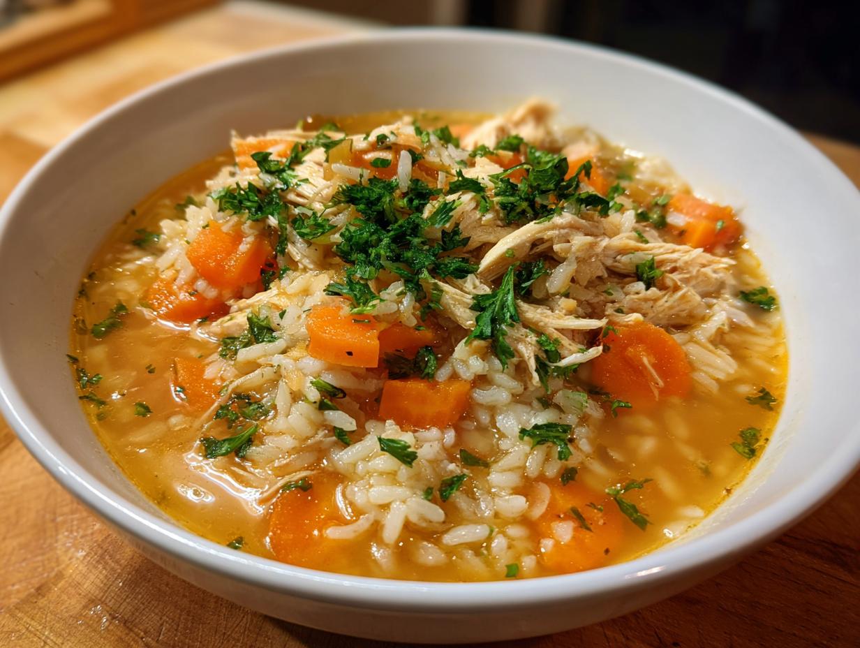 A close-up of a white bowl filled with comforting chicken rice soup, featuring shredded chicken, white rice, diced carrots, and fresh parsley.