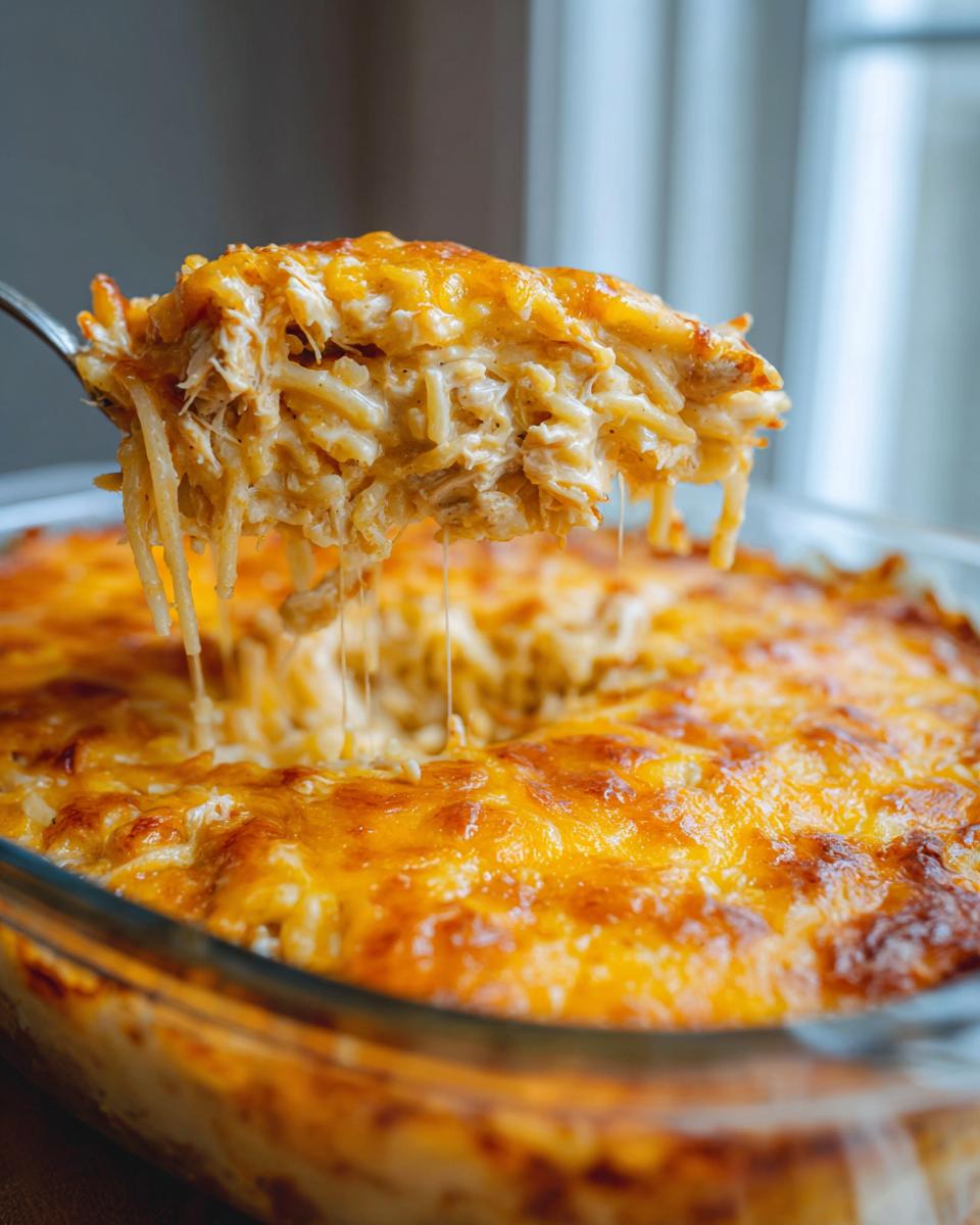 A spoonful of cheesy chicken spaghetti casserole, with melted cheese stretching from the dish.