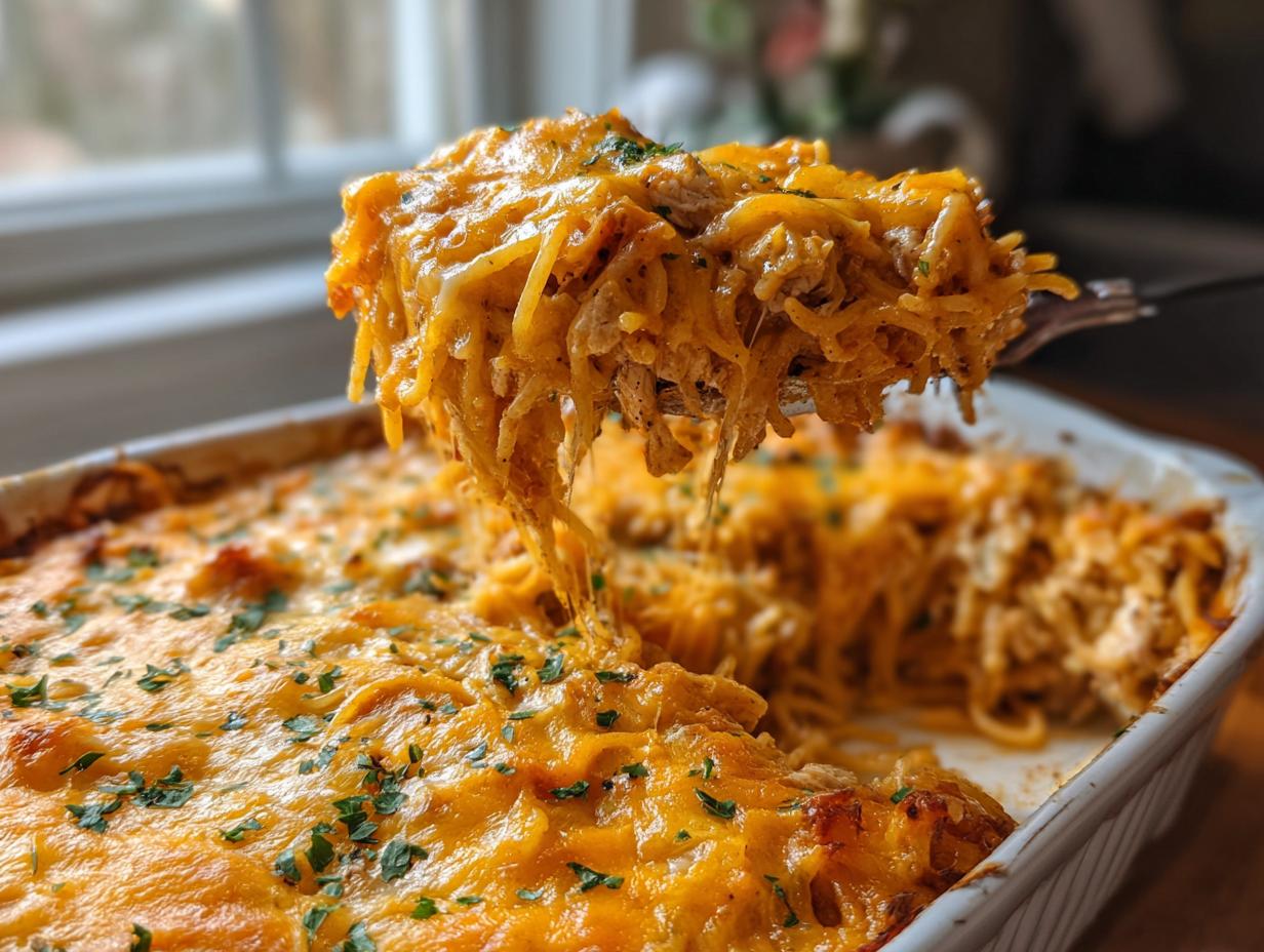 A fork lifting a cheesy portion of chicken spaghetti casserole from a baking dish, topped with melted cheddar and parsley.