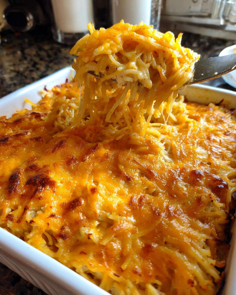 A serving spoon lifts a cheesy portion of chicken spaghetti casserole from a white baking dish.
