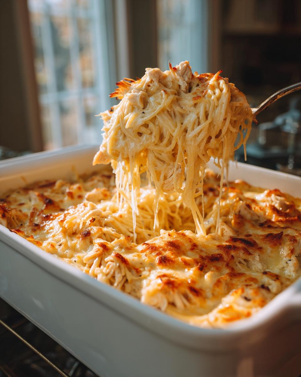 A serving spoon lifts a cheesy portion of chicken spaghetti casserole from a white baking dish.