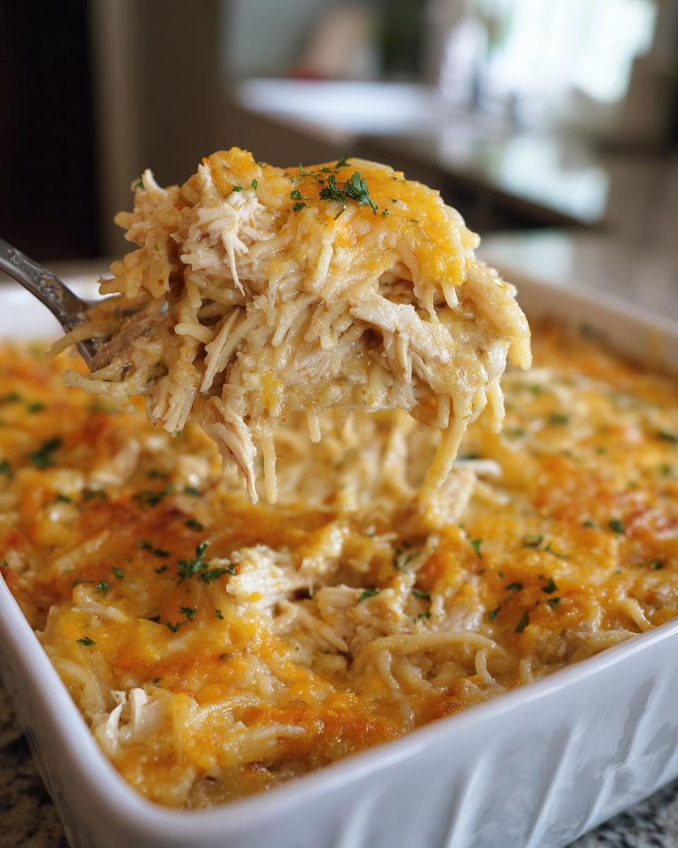A close-up of a serving spoon lifting a portion of cheesy chicken spaghetti casserole, garnished with parsley.