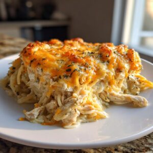 A close-up view of a serving of cheesy chicken spaghetti casserole, topped with melted cheddar and herbs.