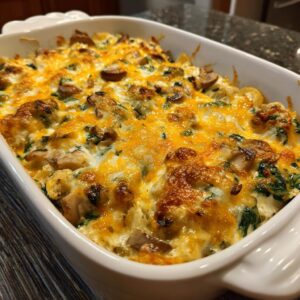 A close-up of a bubbly Chicken Spinach Mushroom Casserole topped with melted golden cheese.