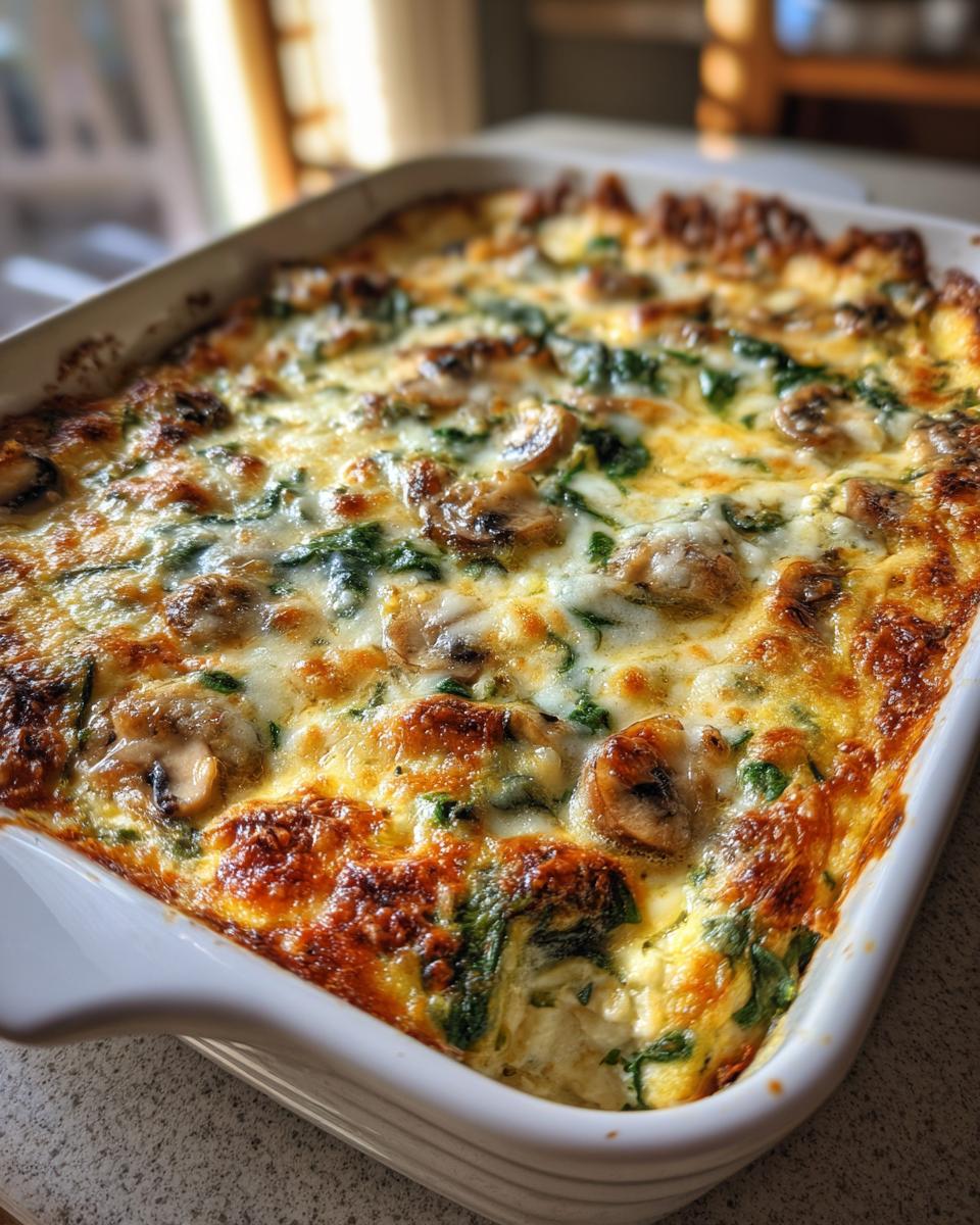 A golden-brown baked chicken spinach mushroom casserole in a white baking dish, bubbling with cheese.