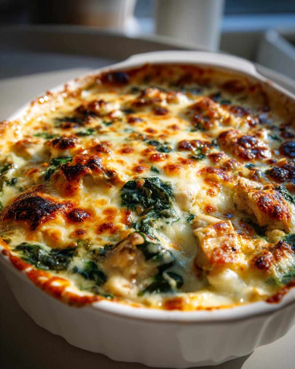 Close-up of a bubbling Chicken Spinach Mushroom Casserole with golden-brown melted cheese.