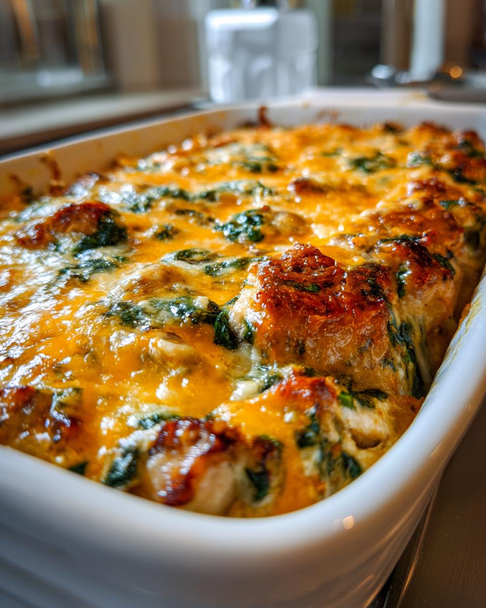Close-up of a bubbly Chicken Spinach Mushroom Casserole topped with melted golden cheese.