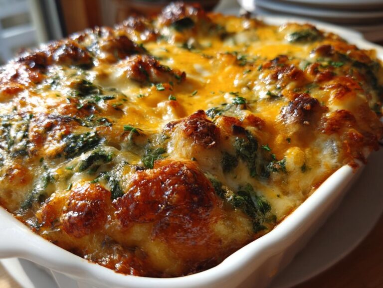Close-up of a bubbly, golden-brown chicken spinach mushroom casserole topped with melted cheese and parsley.