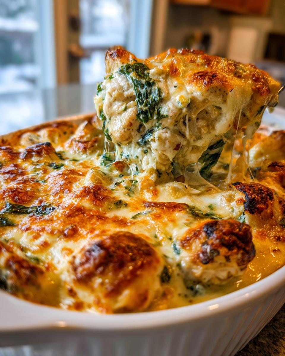 A serving spoon lifts a cheesy portion of chicken spinach mushroom casserole, showing melted cheese and green spinach.