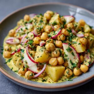 A close-up of a vibrant chickpea apple salad in a bowl, featuring chickpeas, apple slices, red onion, and a creamy yellow dressing.