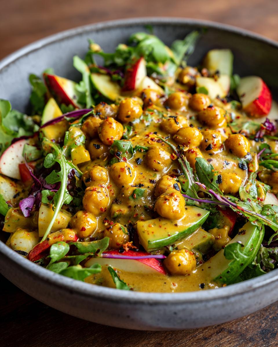 Close-up of a vibrant chickpea apple salad in a bowl, featuring chickpeas, apple slices, greens, and a rich, yellow dressing.