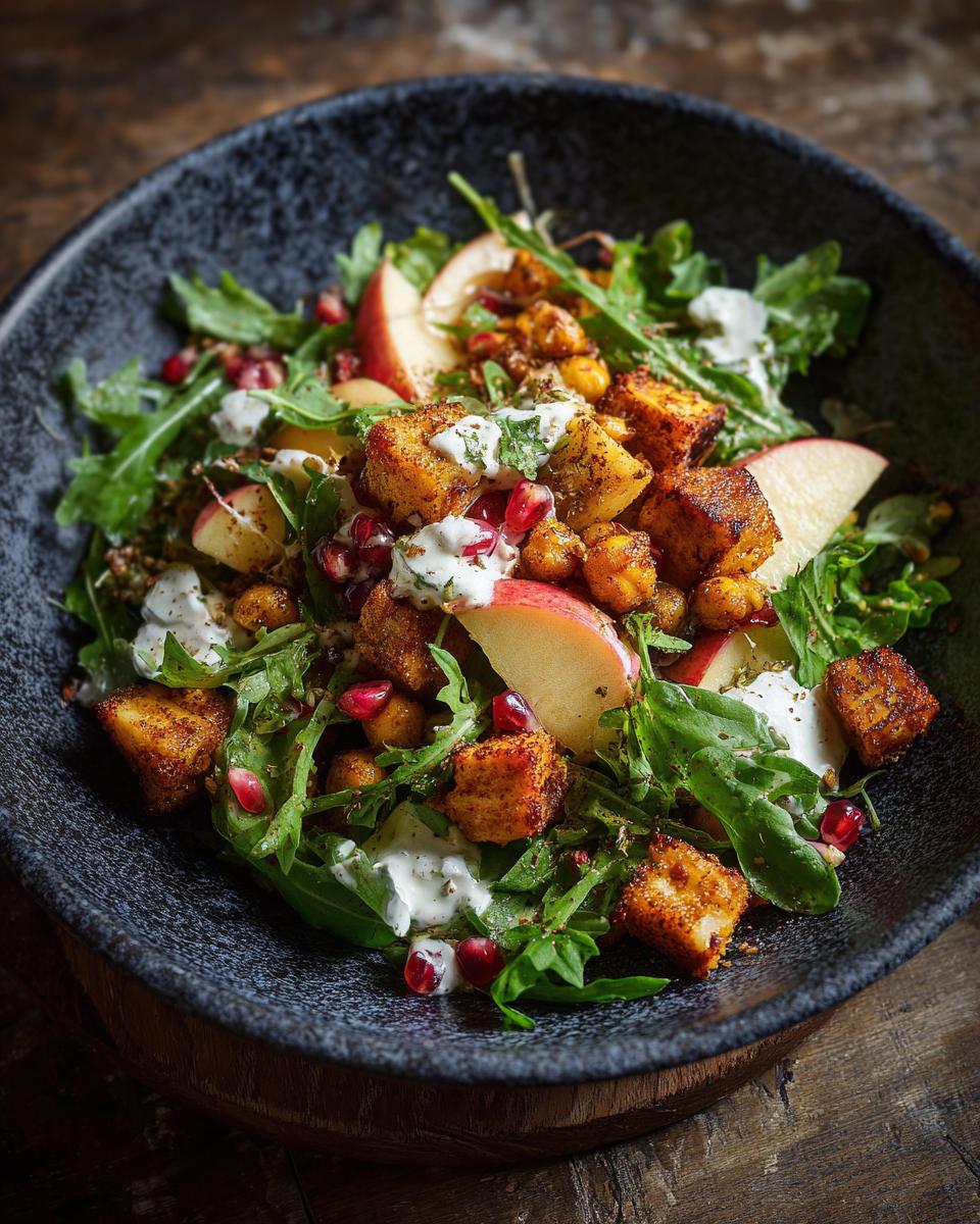 A vibrant chickpea apple salad featuring roasted chickpeas, apple slices, arugula, pomegranate seeds, and a creamy dressing.